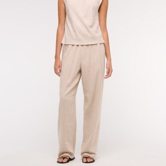 ABERCROMBIE & FITCH Straight Linen-Blend Pull-On Pant Oatmeal Sz L Reg NWT {E33} - Picture 1 of 5